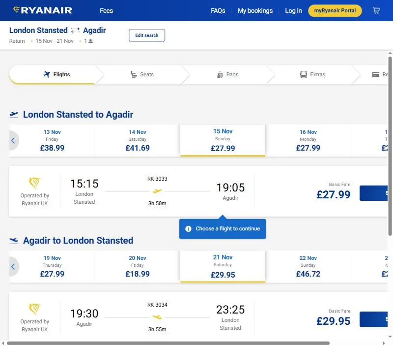 Ryanair search London Stansted to Agadir, 15 to 21 Nov 2026