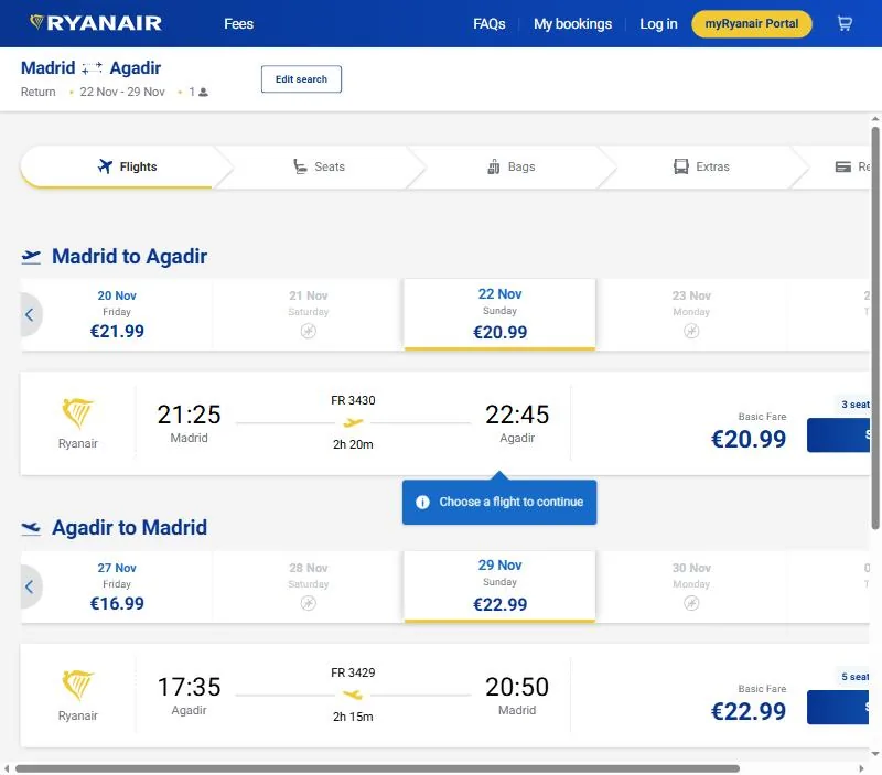 Ryanair search Madrid to Agadir, 22 Nov 2026 week