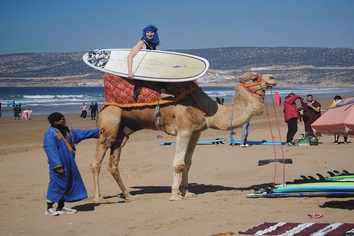 a person on a camel with a surfboard in taghazout