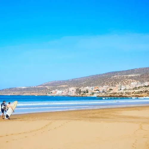 Panorama Beach in Taghazout showing gentle waves perfect for beginners